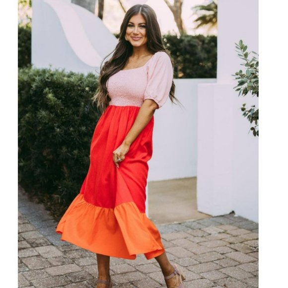 RHODE Eloise Colorblock Smocked Strawberry Multi Midi Dress - Picture 6 of 16